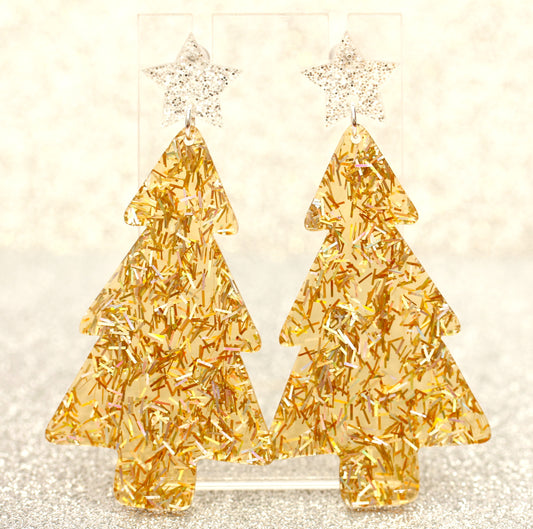 Gold Holographic Glitter Christmas Tree Earrings