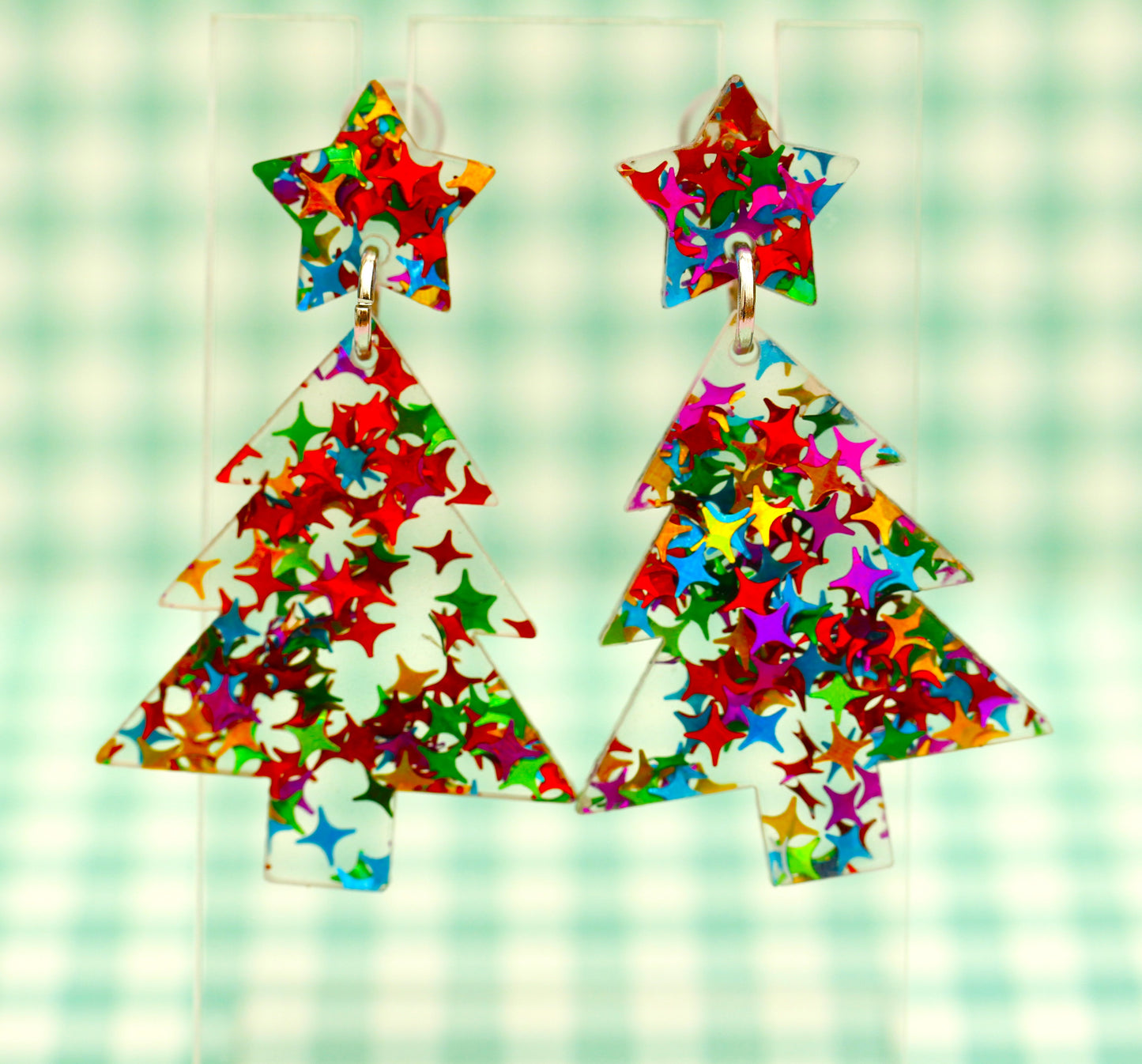 Small Rainbow Holographic Glitter Christmas Tree Earrings
