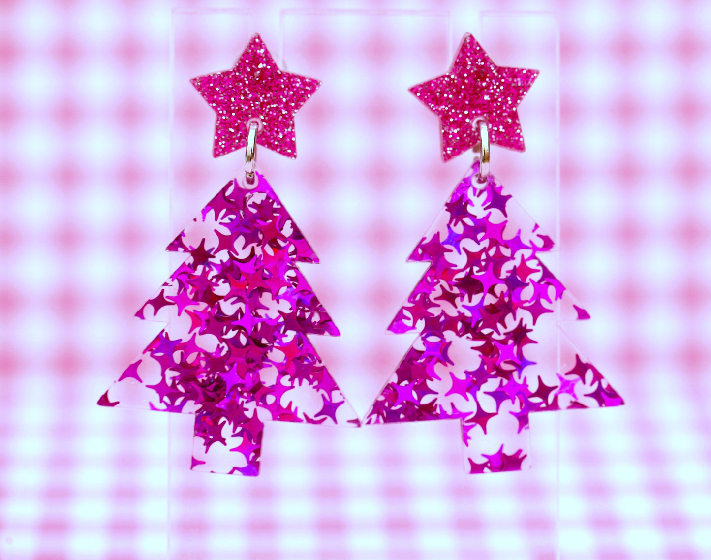 Small Purple/Pink Holographic Glitter Christmas Tree Earrings
