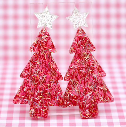 Pink Holographic Glitter Christmas Tree Earrings