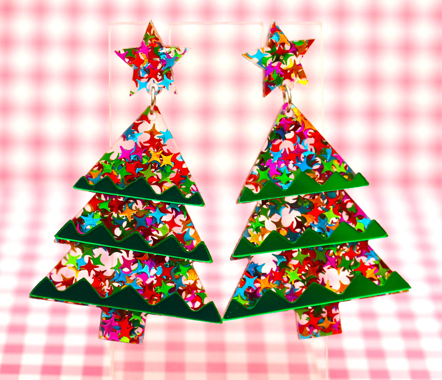 Rainbow Glitter Christmas Tree Dangles - Medium