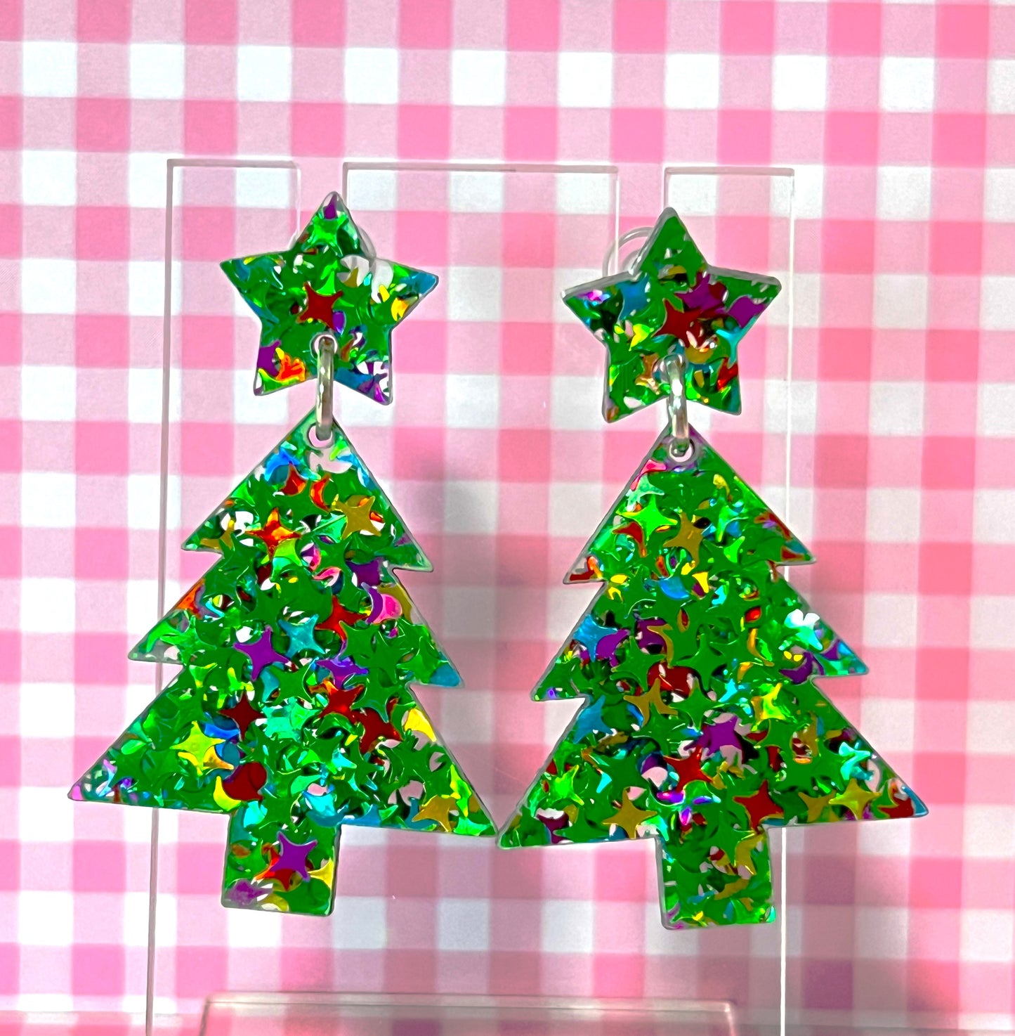 Small Green Holographic Glitter Christmas Tree Earrings