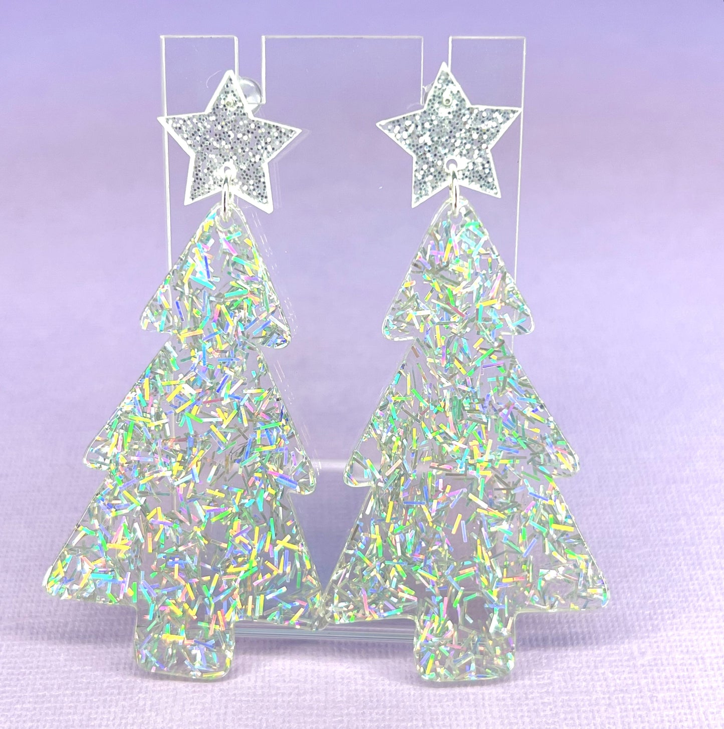 Silver Holographic Glitter Christmas Tree Earrings