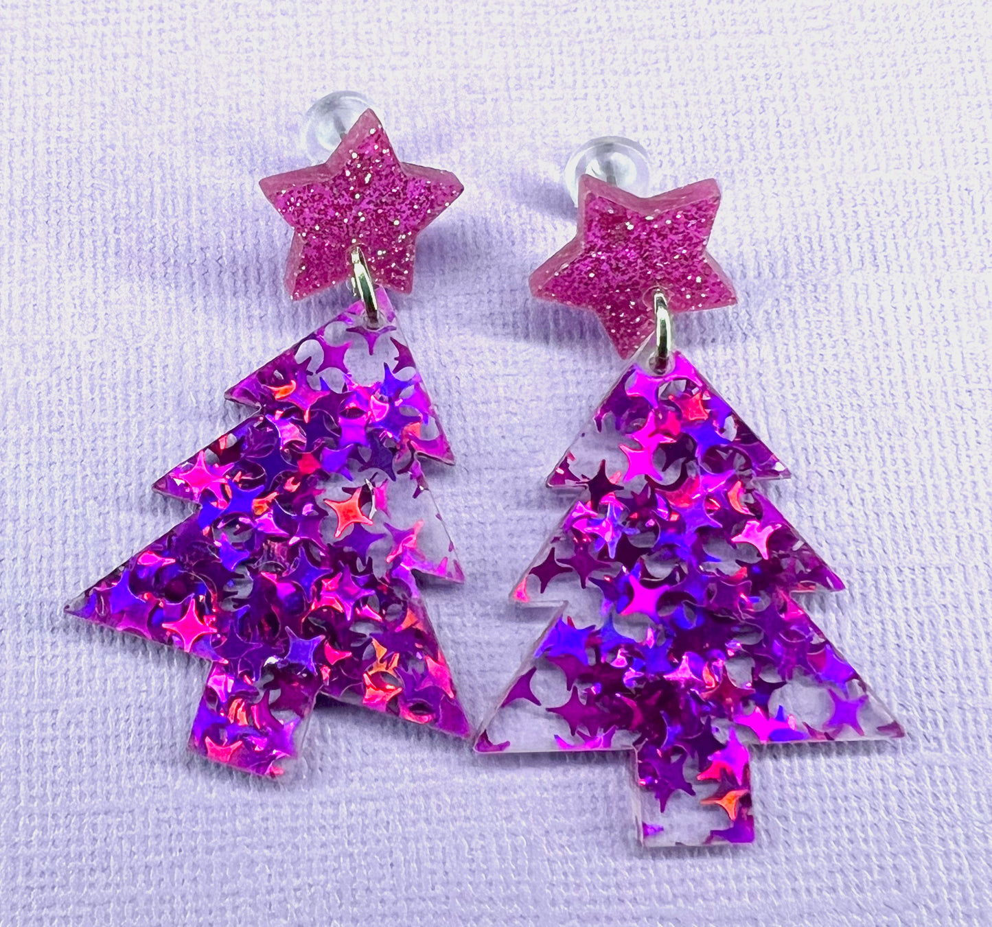 Small Purple/Pink Holographic Glitter Christmas Tree Earrings