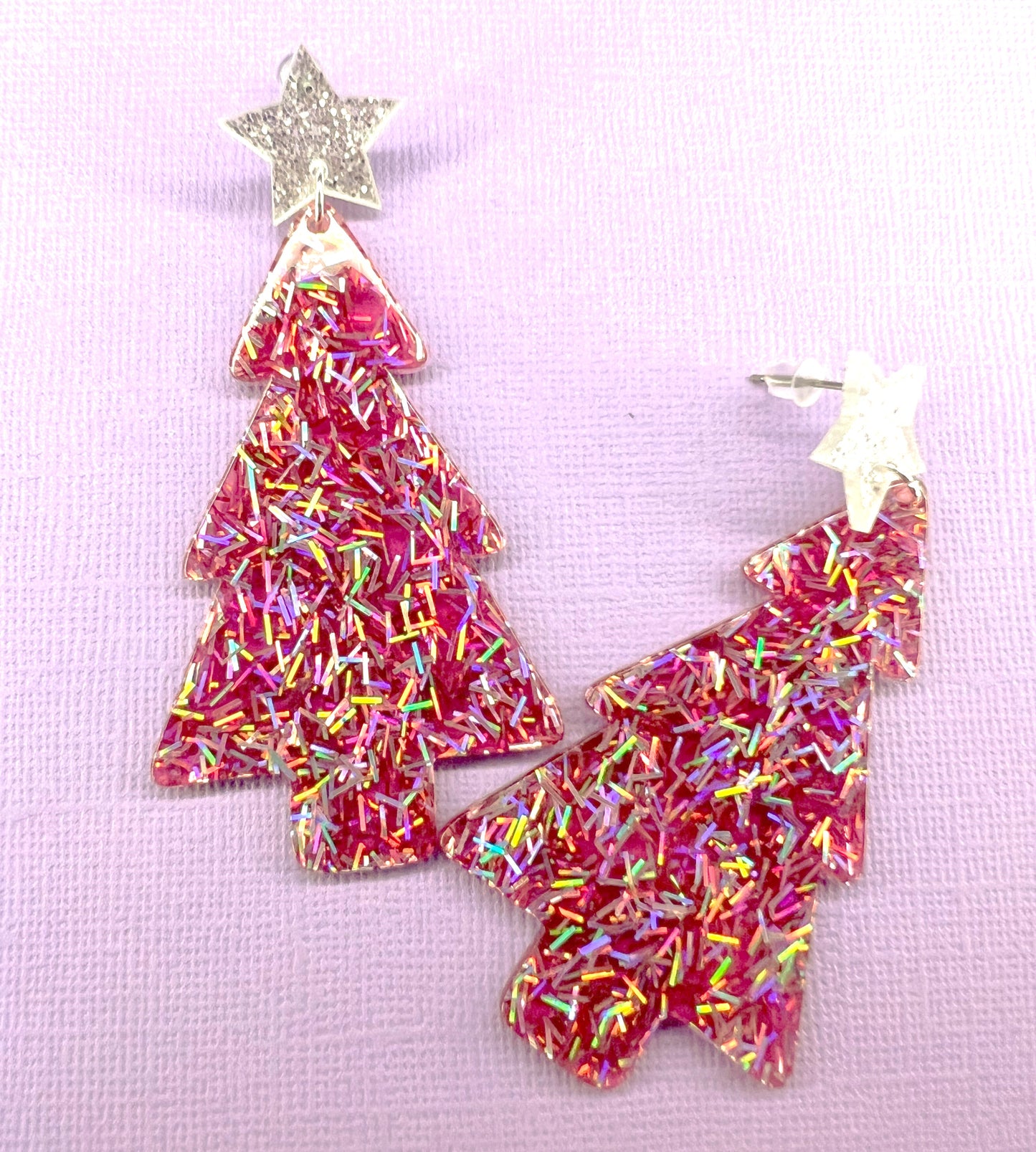 Pink Holographic Glitter Christmas Tree Earrings