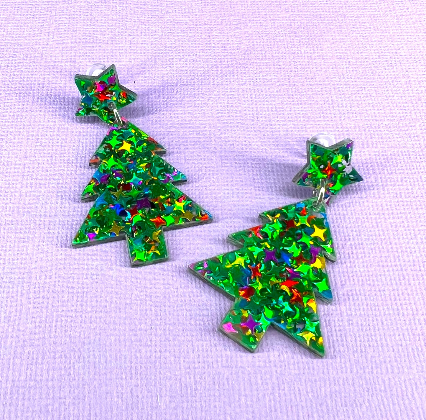 Small Green Holographic Glitter Christmas Tree Earrings