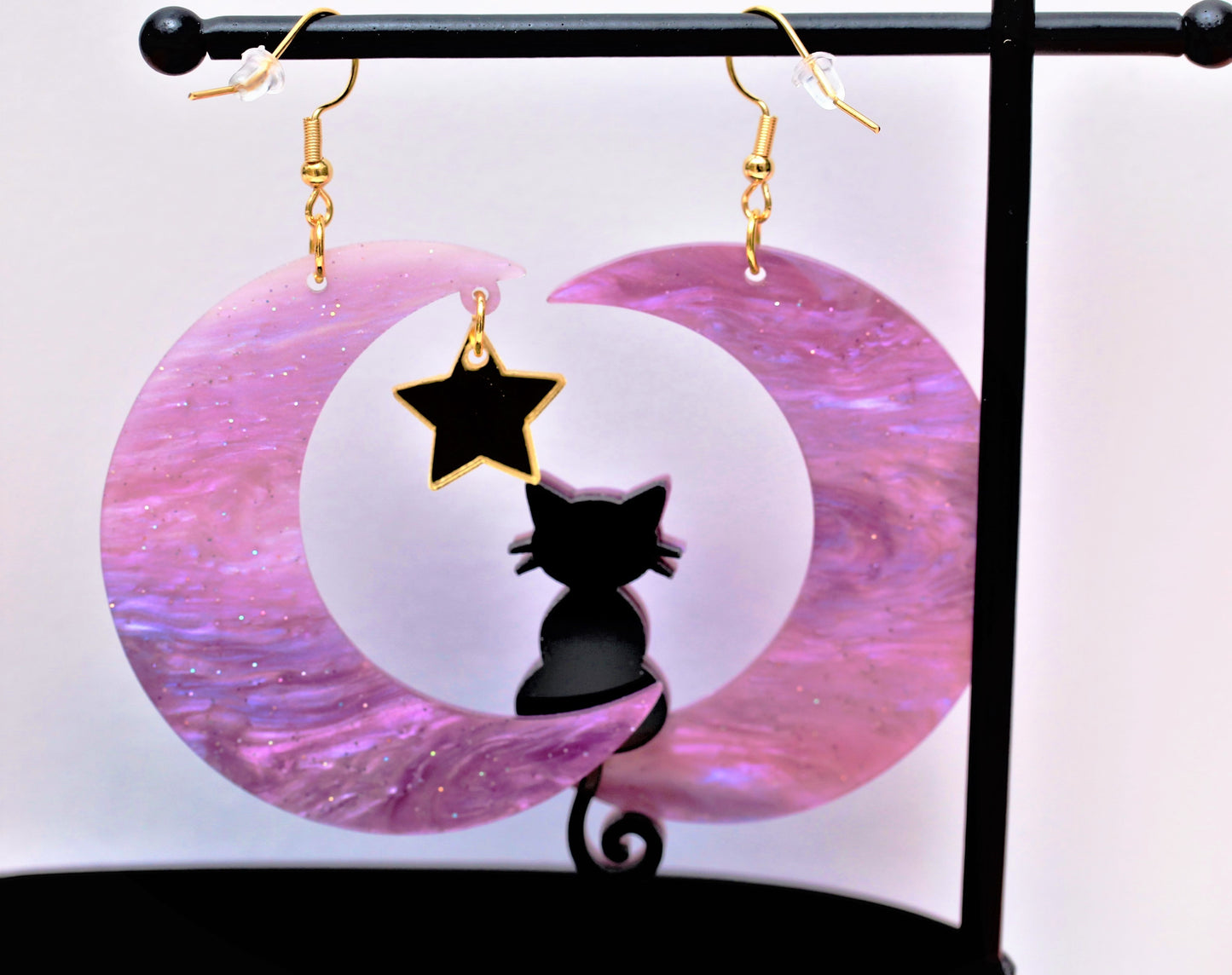 Moon and Star Kitty Earrings - Purple Galaxy