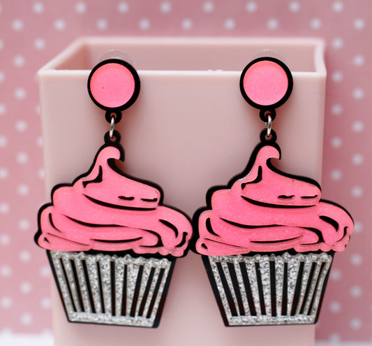 Cupcake Earrings - Neon Pink & Glitter