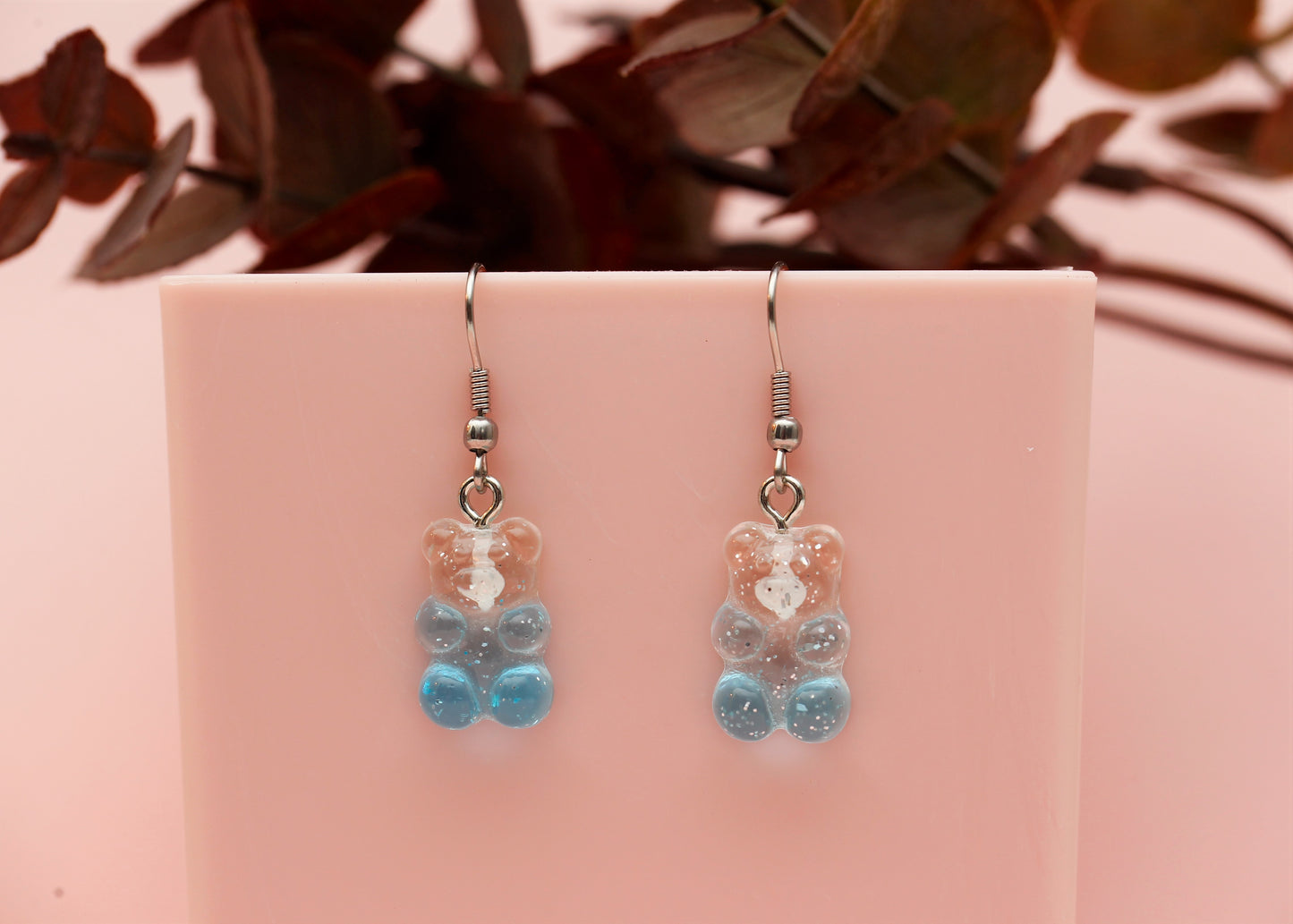 Glitter Gummy Bear Earrings -Blue/Clear