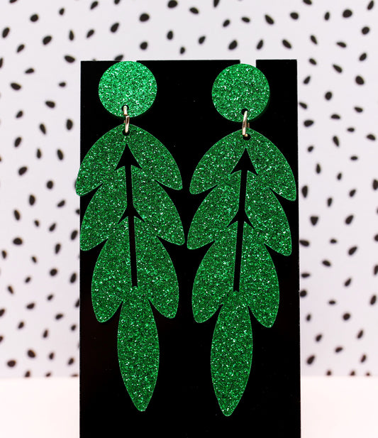 Glitter Leaf Earrings - Green