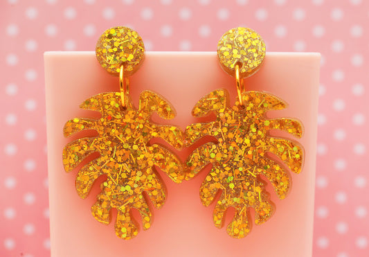 Sparkles Collection - Gold Monstera Drop Earrings