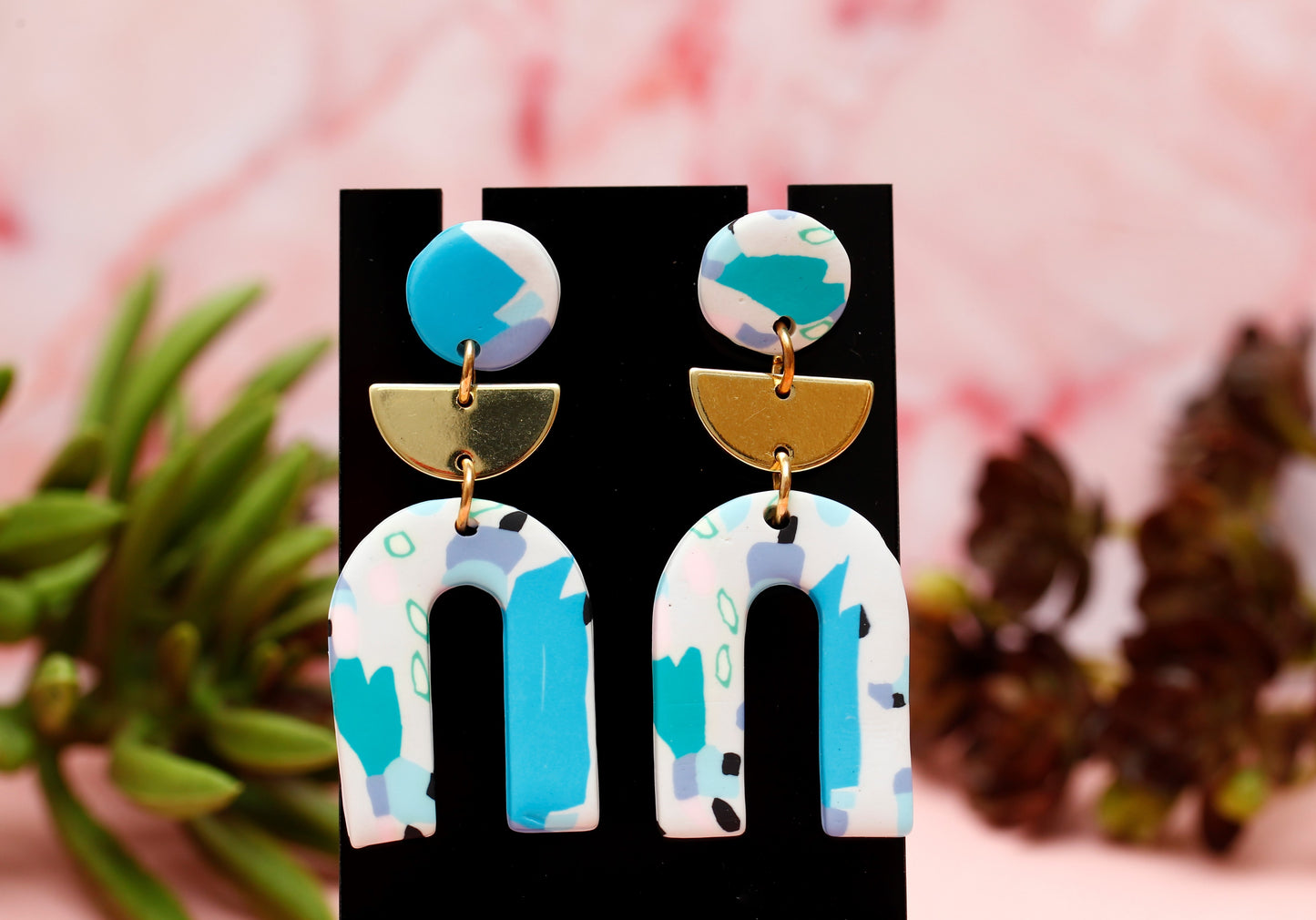 Abstract Blue Dangle Earrings (Polymer Clay)