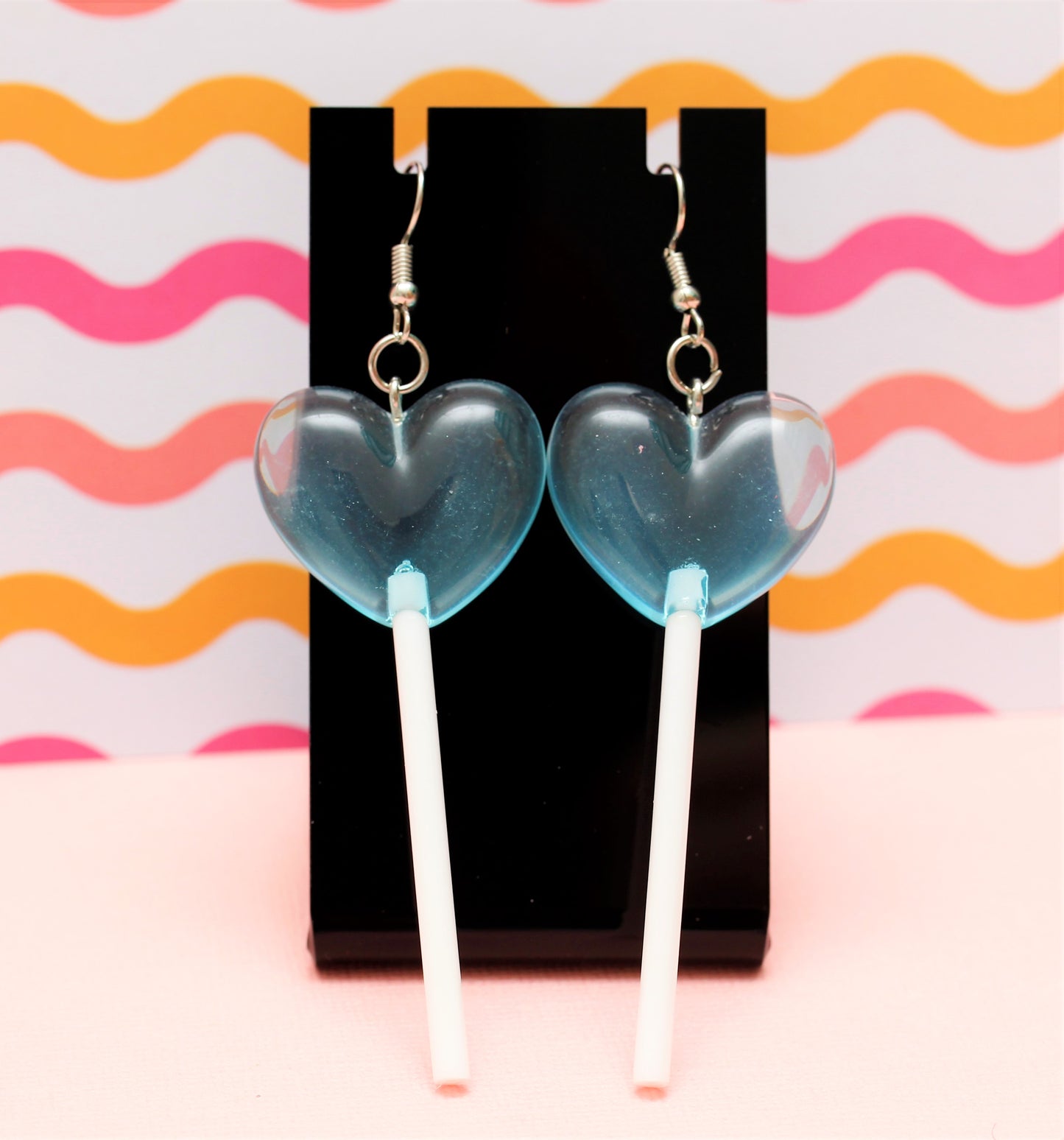 Heart Lollipop Earrings - Blue Large