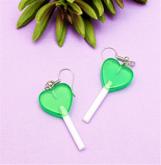 Heart Lollipop Earrings - Mini Transparent Green