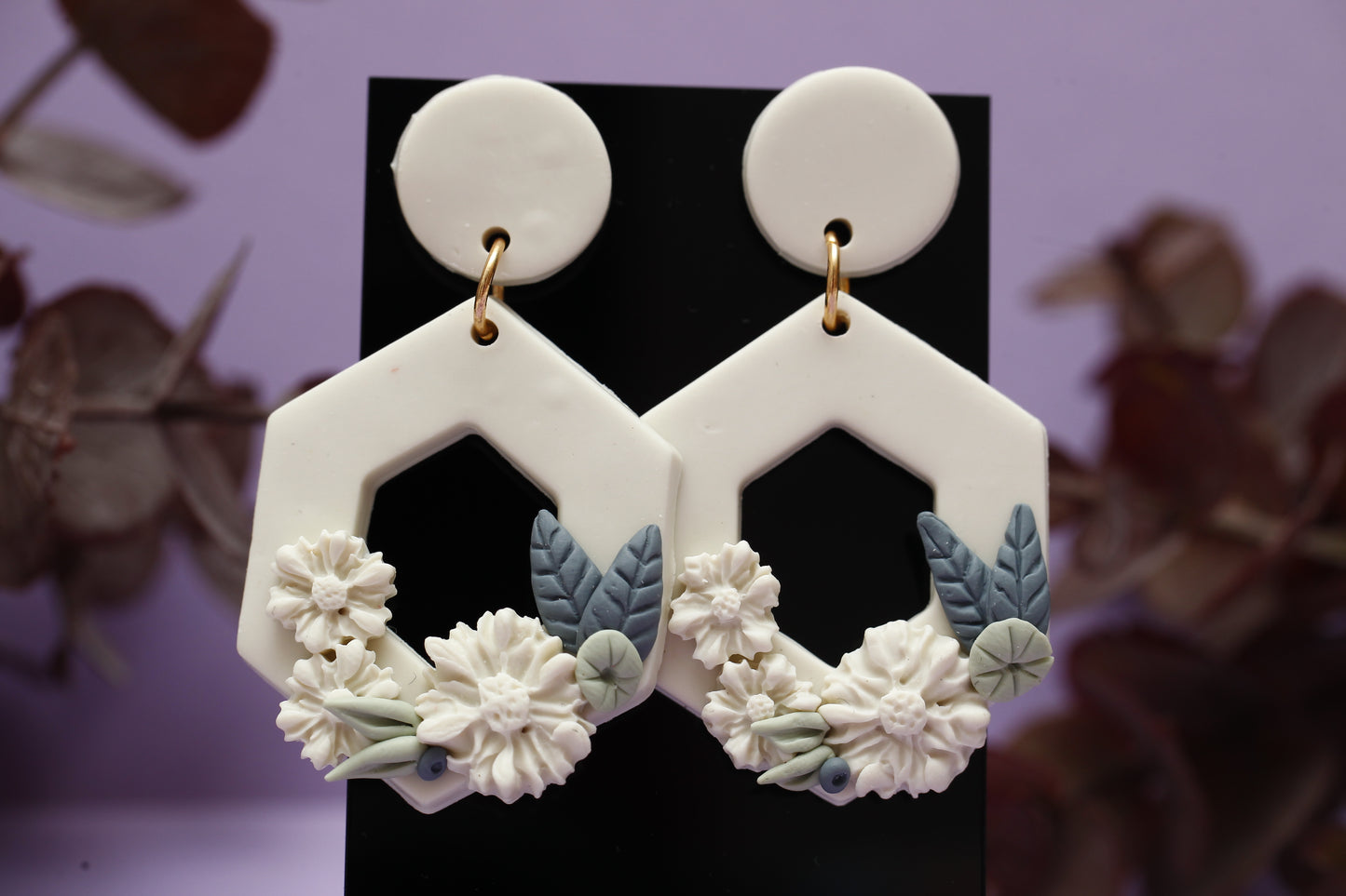 White Flora Polymer Clay Earrings
