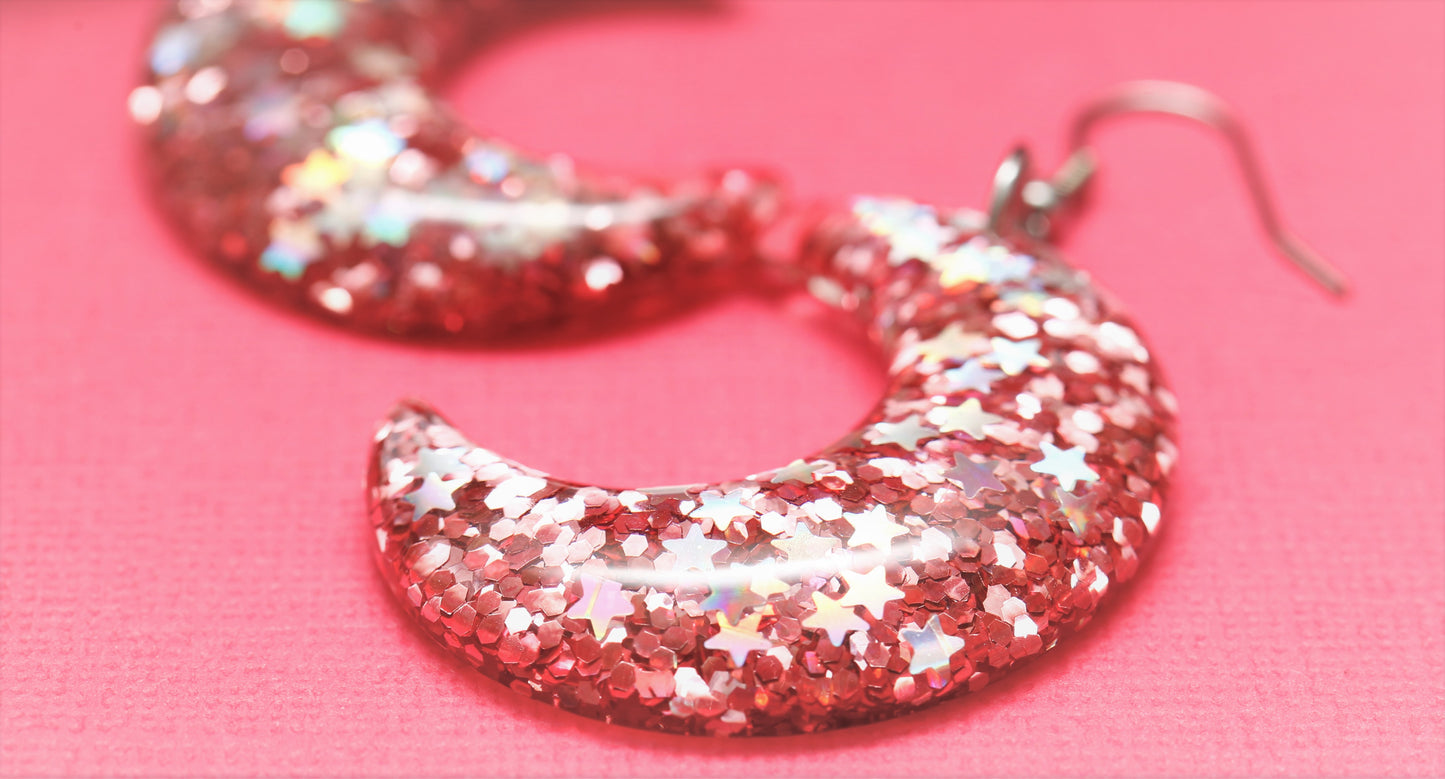 Pink Glitter Moon Dangle Earrings