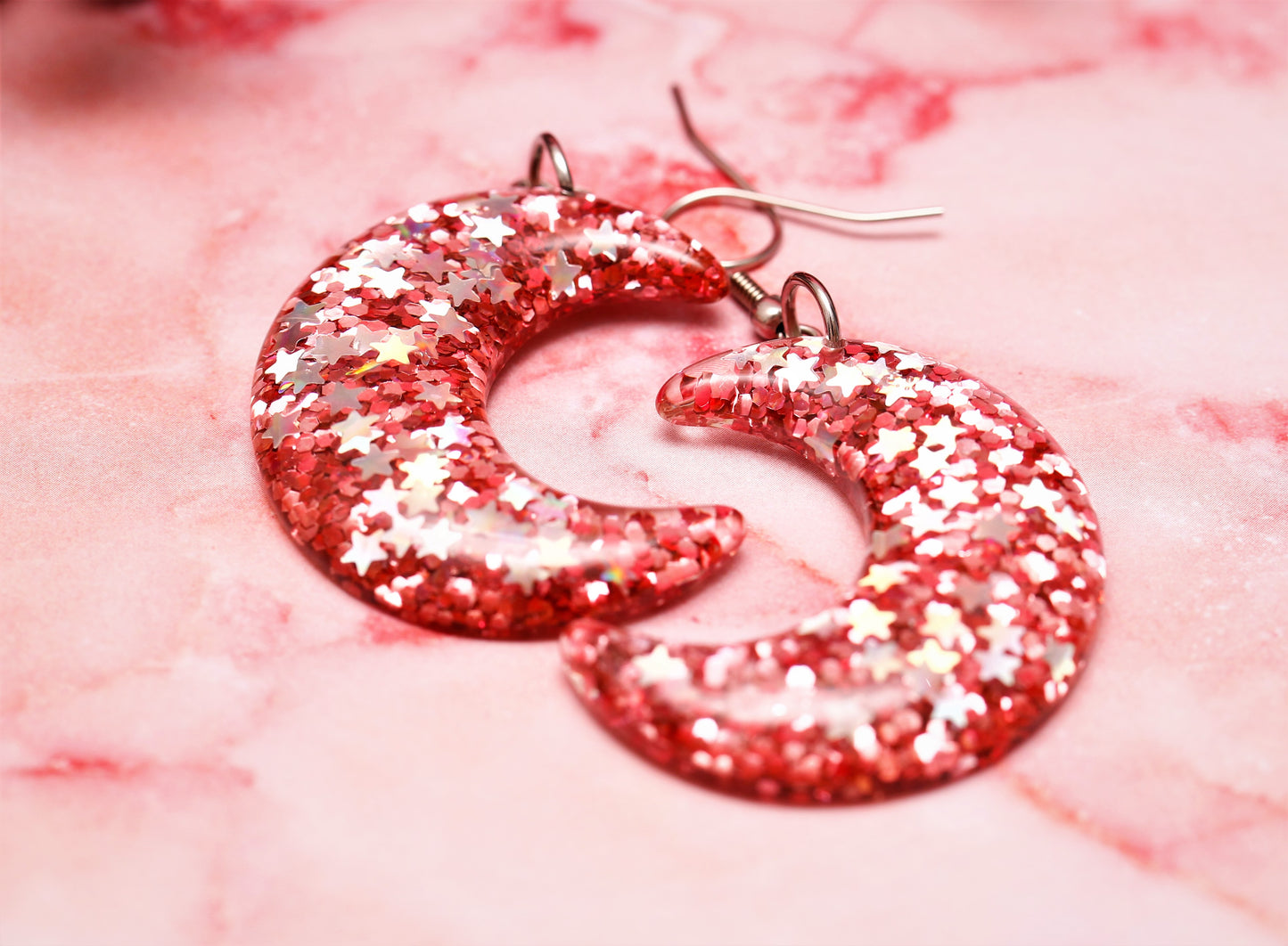 Pink Glitter Moon Dangle Earrings