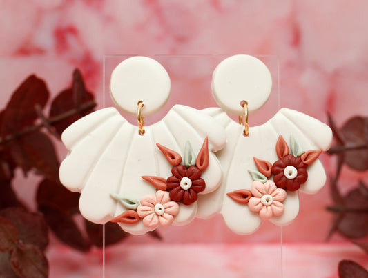 Floral Shell Polymer Clay Earrings - Ivory