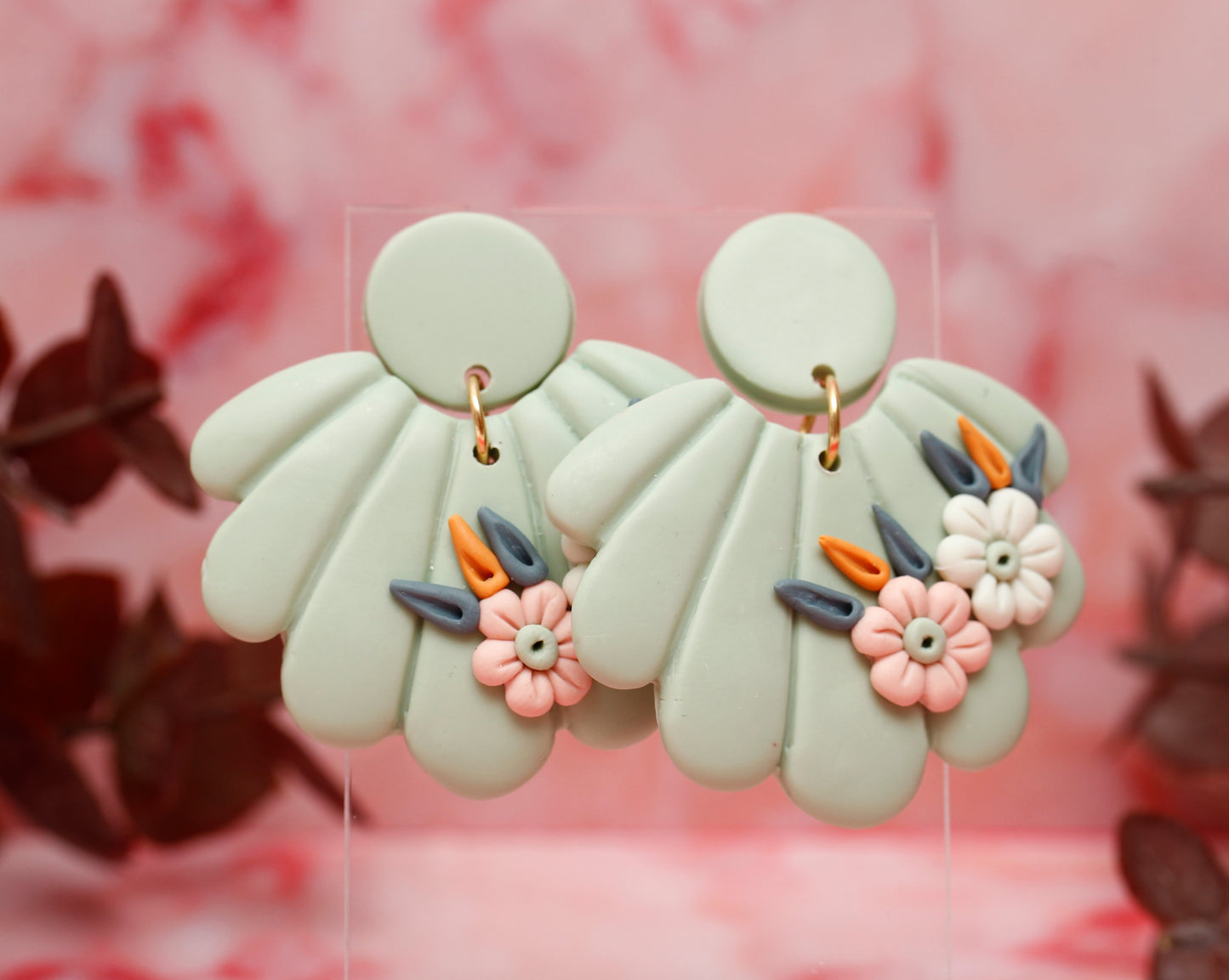 Floral Shell Polymer Clay Earrings - Sage