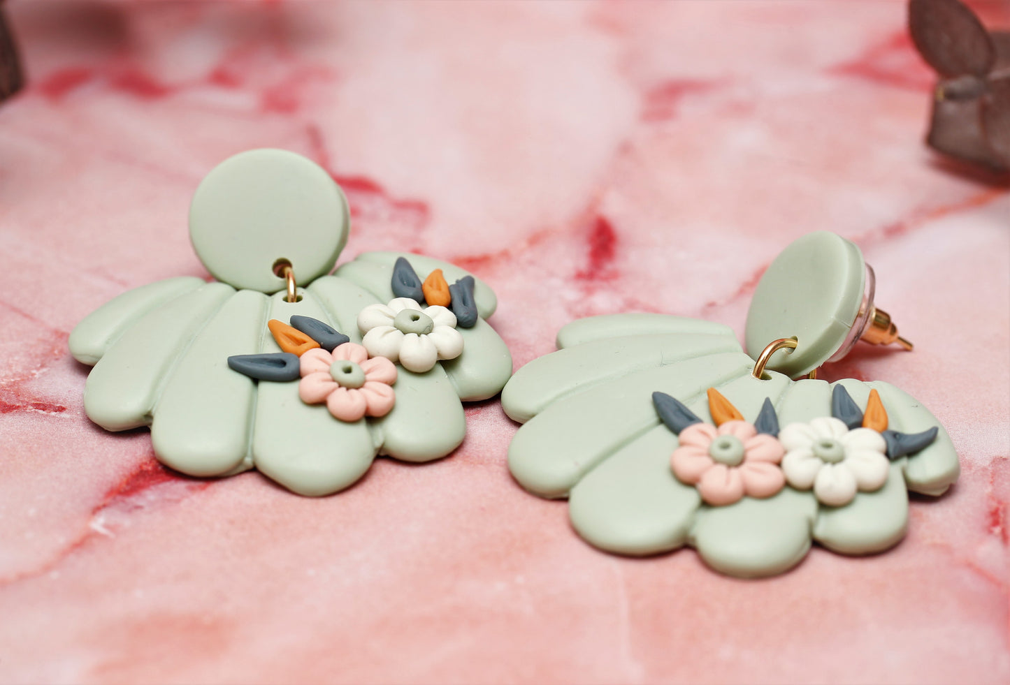 Floral Shell Polymer Clay Earrings - Sage