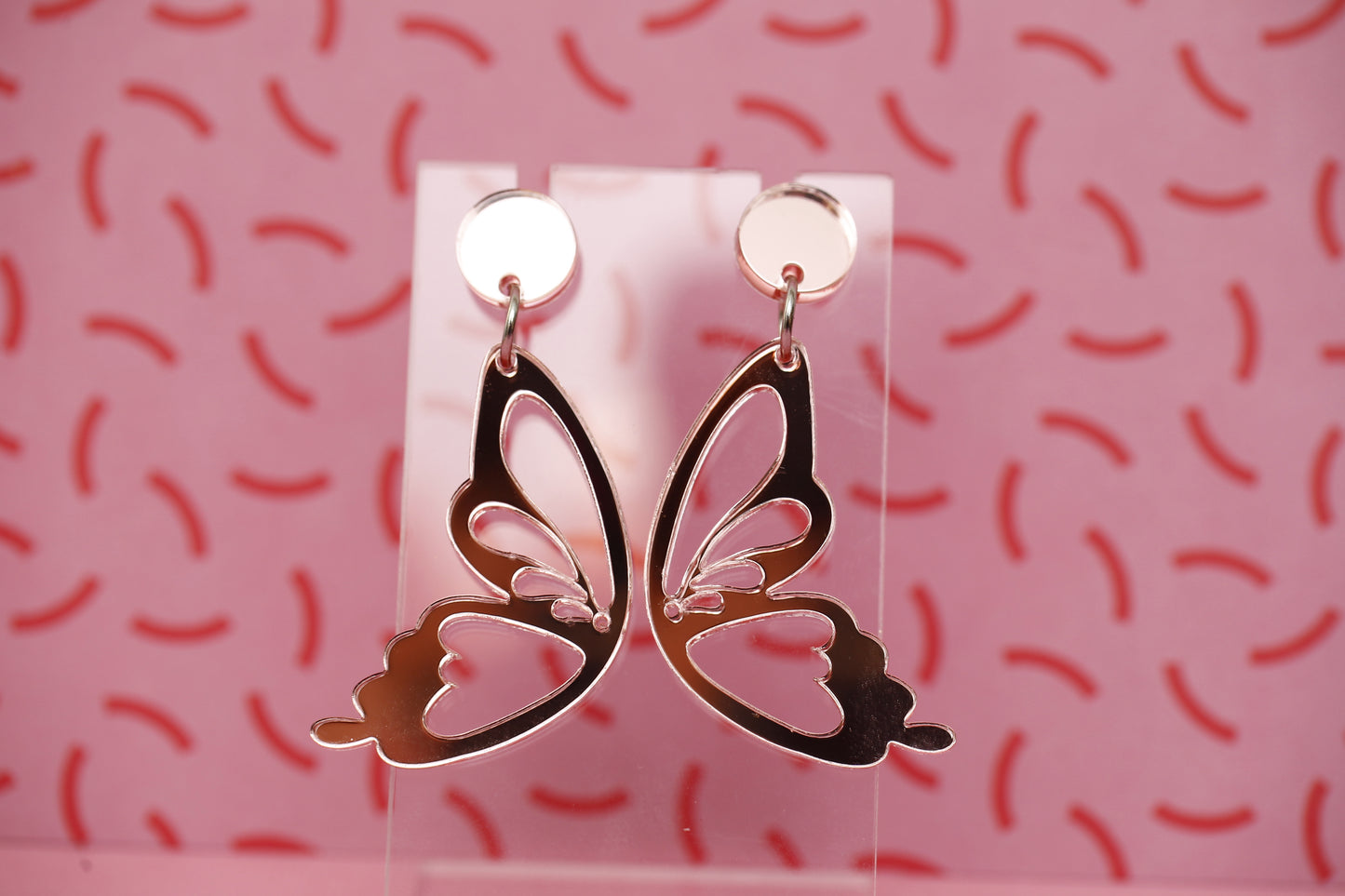 Butterfly Dangle Earrings - Pink Mirror Chrome