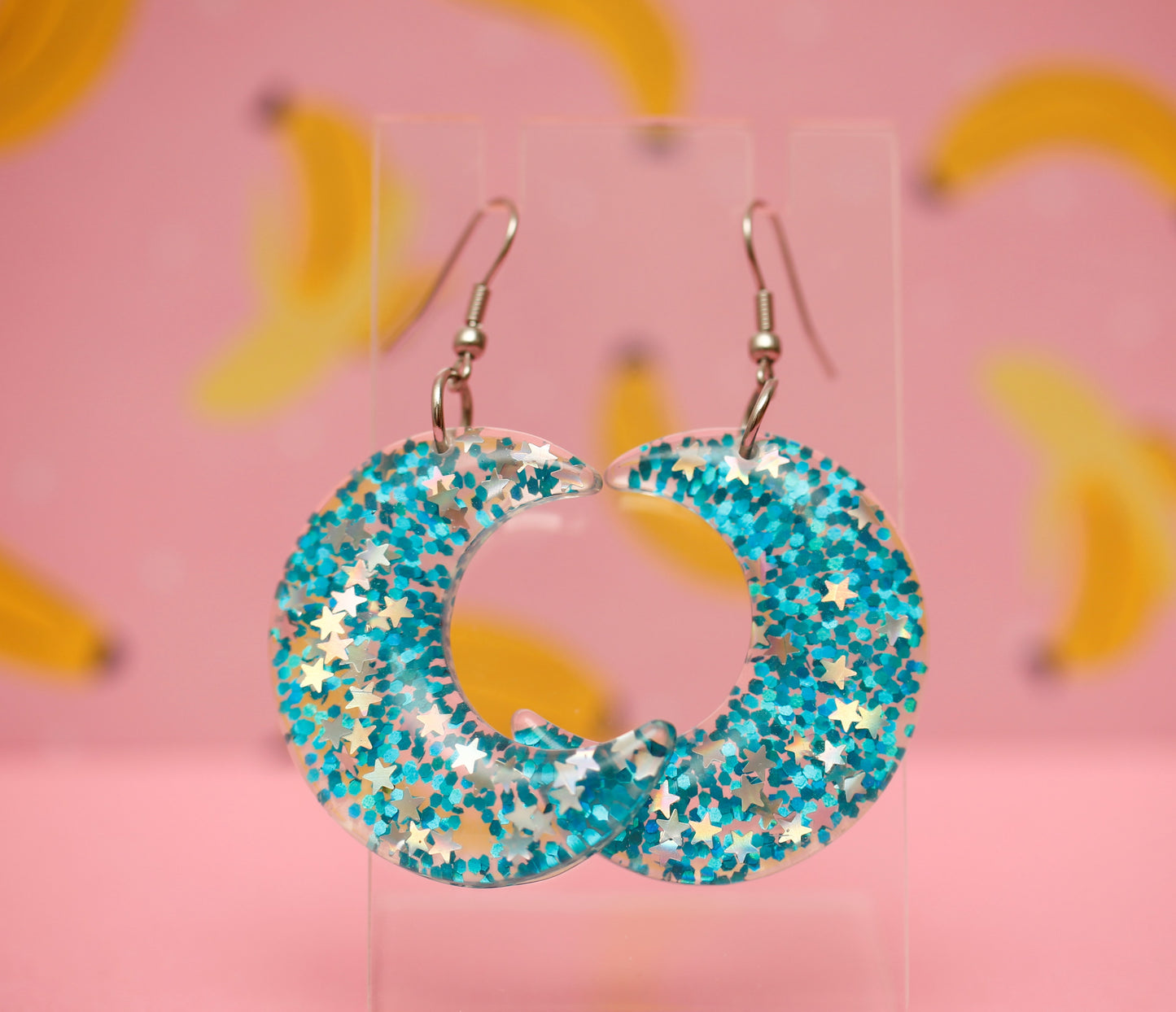 Blue Glitter Moon Dangle Earrings