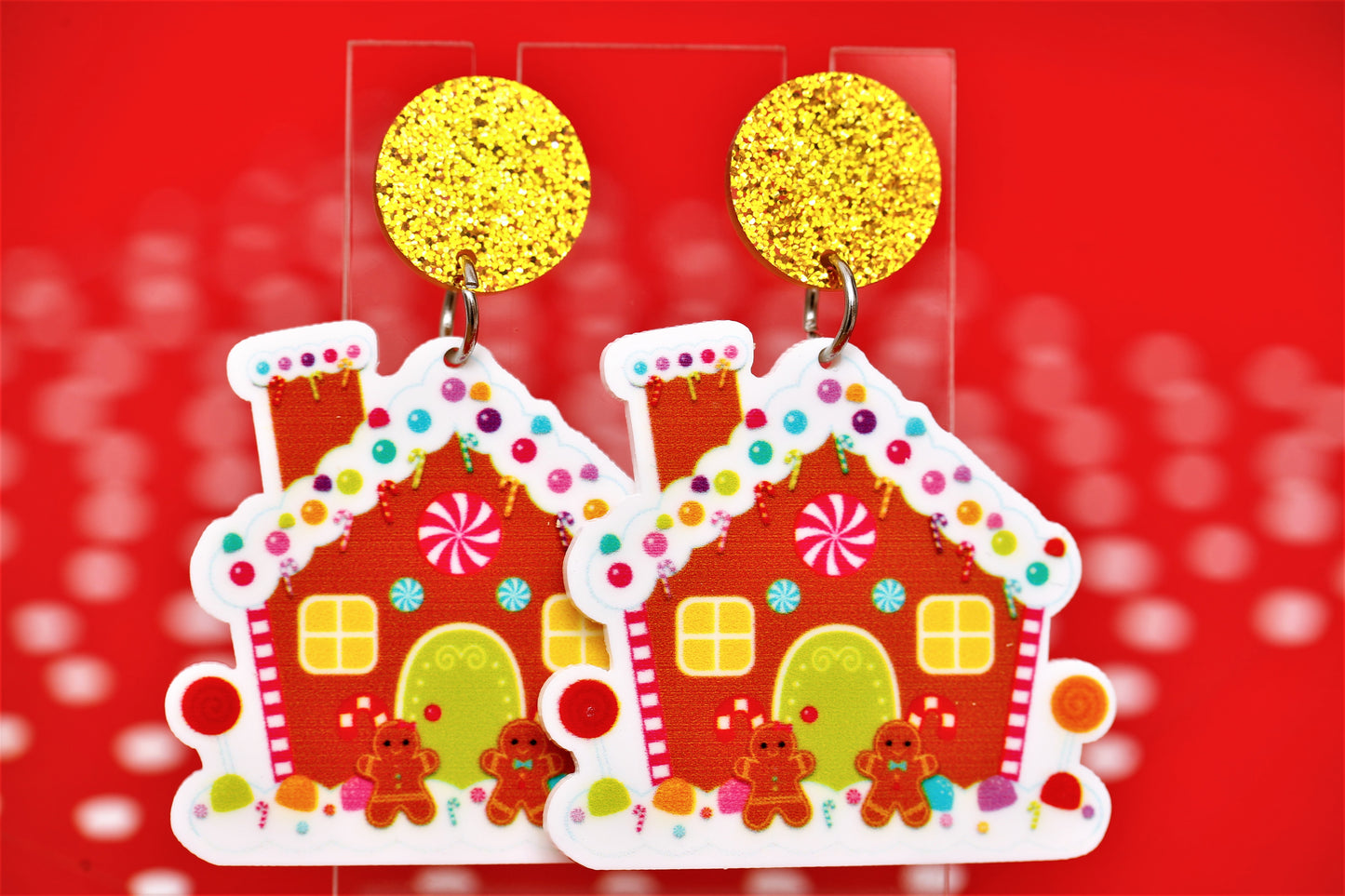 Christmas Gingerbread House Dangles (Gold Glitter Top)
