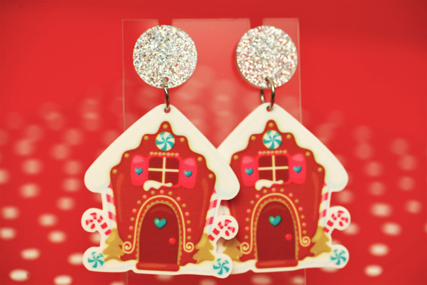 Christmas Gingerbread House Dangles (Silver Glitter Top)